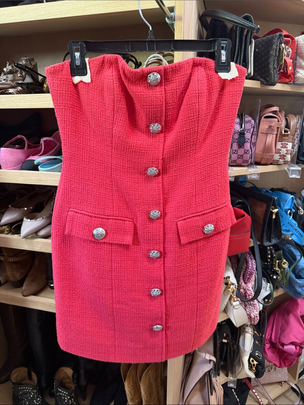 Veronica Beard Strapless Red Tweed Button-Front Mini Dress